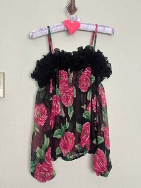 vintage forever 21 sheer Pink floral off the shoulder blouse black ruffle trim